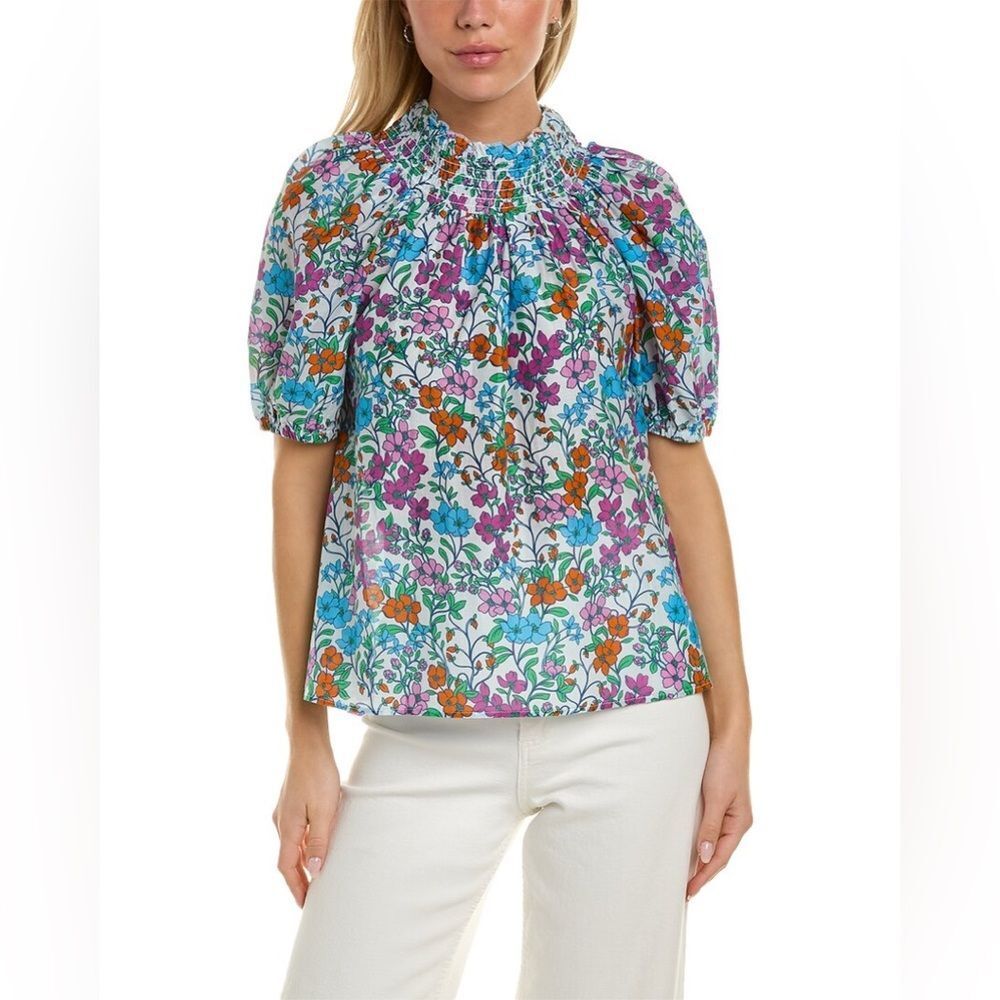 Roller Rabbit Floral Smocked Neck Puff Sleeve Blouse Multi Color Spring Top